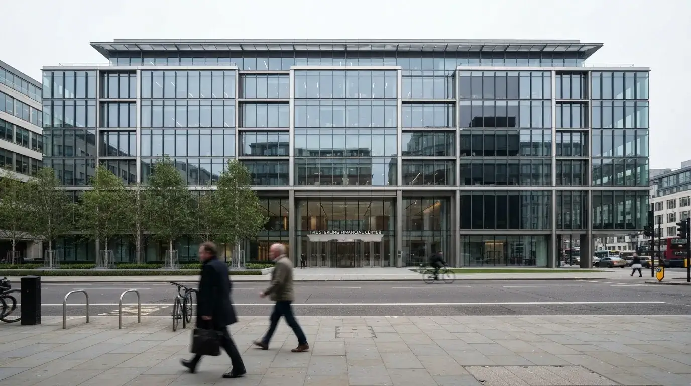 Blick auf eine moderne Bürofassade mit Glasfront von der Strasse aus, Passanten unscharf im Vordergrund.