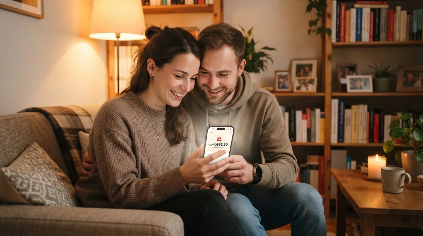 Junges Paar sitzt lächelnd auf einem Sofa und schaut gemeinsam auf ein Smartphone, warmes Licht.